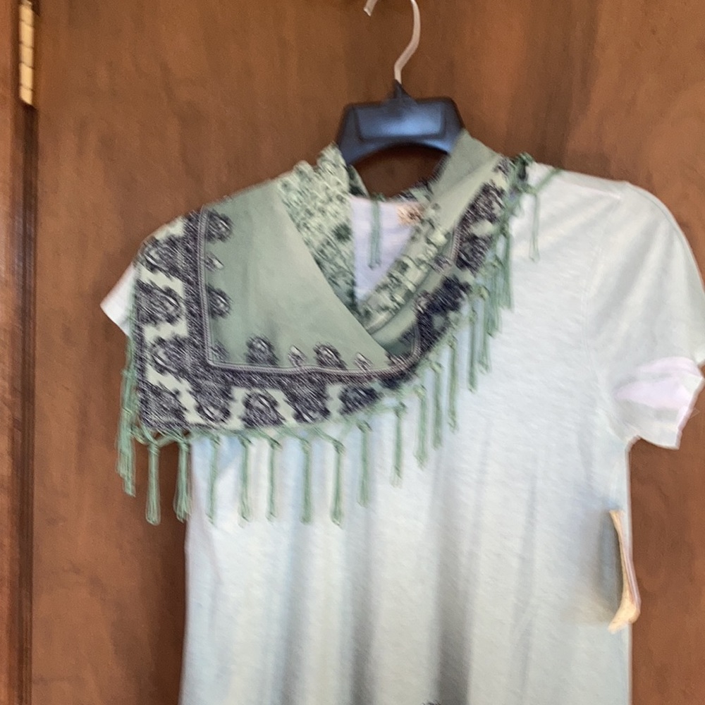 One World ombre sage top w boho print & matching scarf w fringe S - Picture 4 of 13